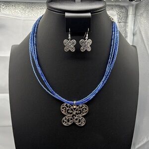 Blue Beaded Necklace with Silver Filigree Pendant